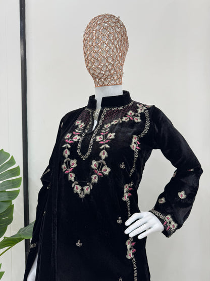 Embroidered Velvet Kurta Set