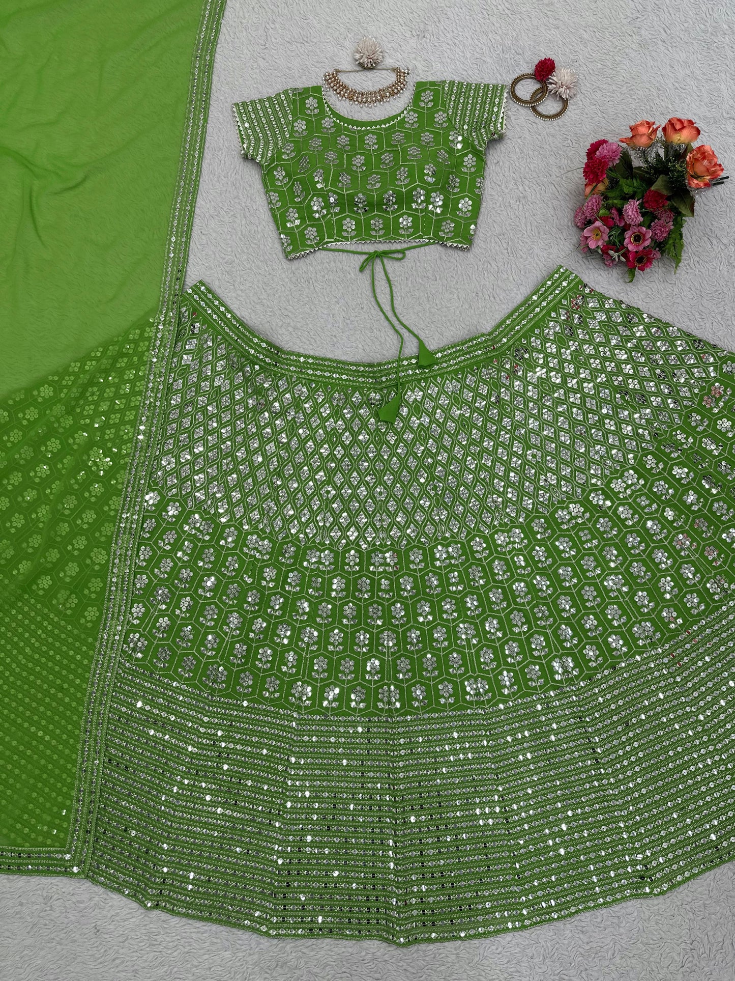 Sequins Work Lehenga Set in Green