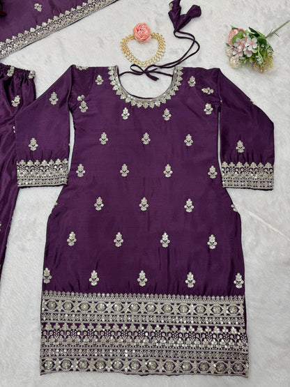 Embroidered Chinon Silk Kurta Palazzo Set