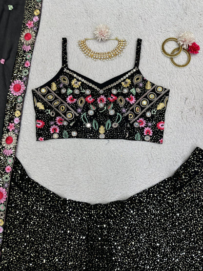 Designer Sequins Work Lehenga in Black