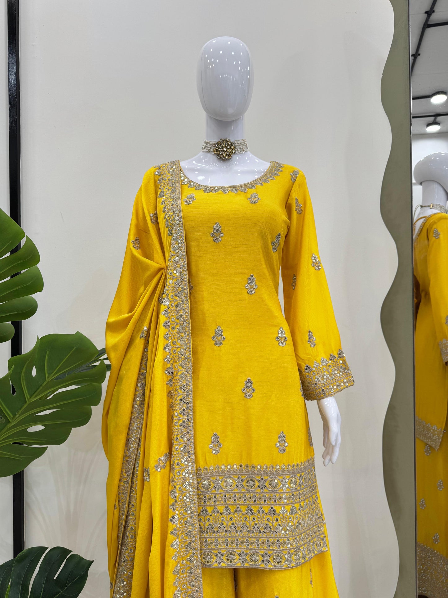 Embroidered Chinon Silk Kurta Palazzo Set