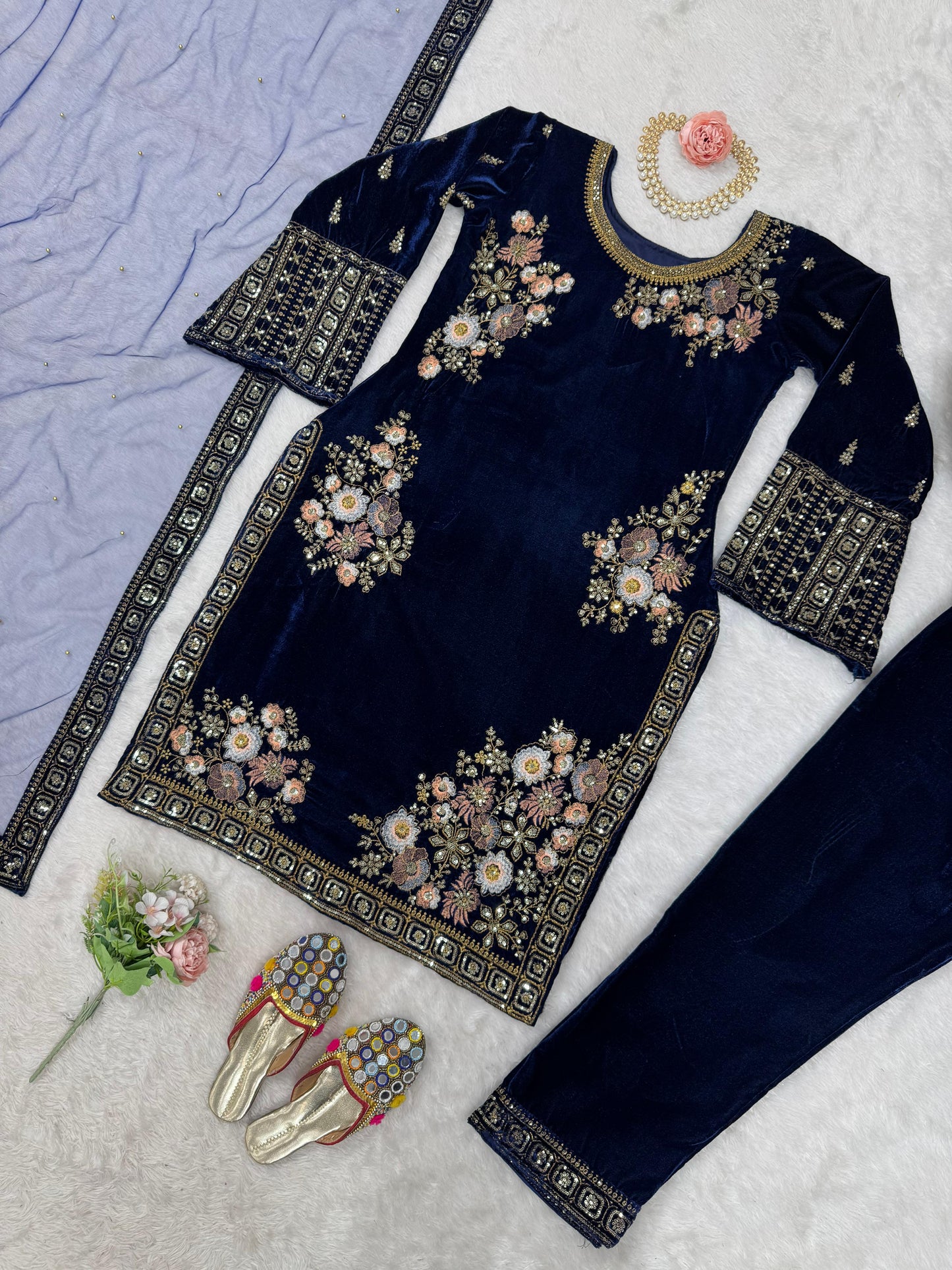 Embroidered Velvet Kurta Set