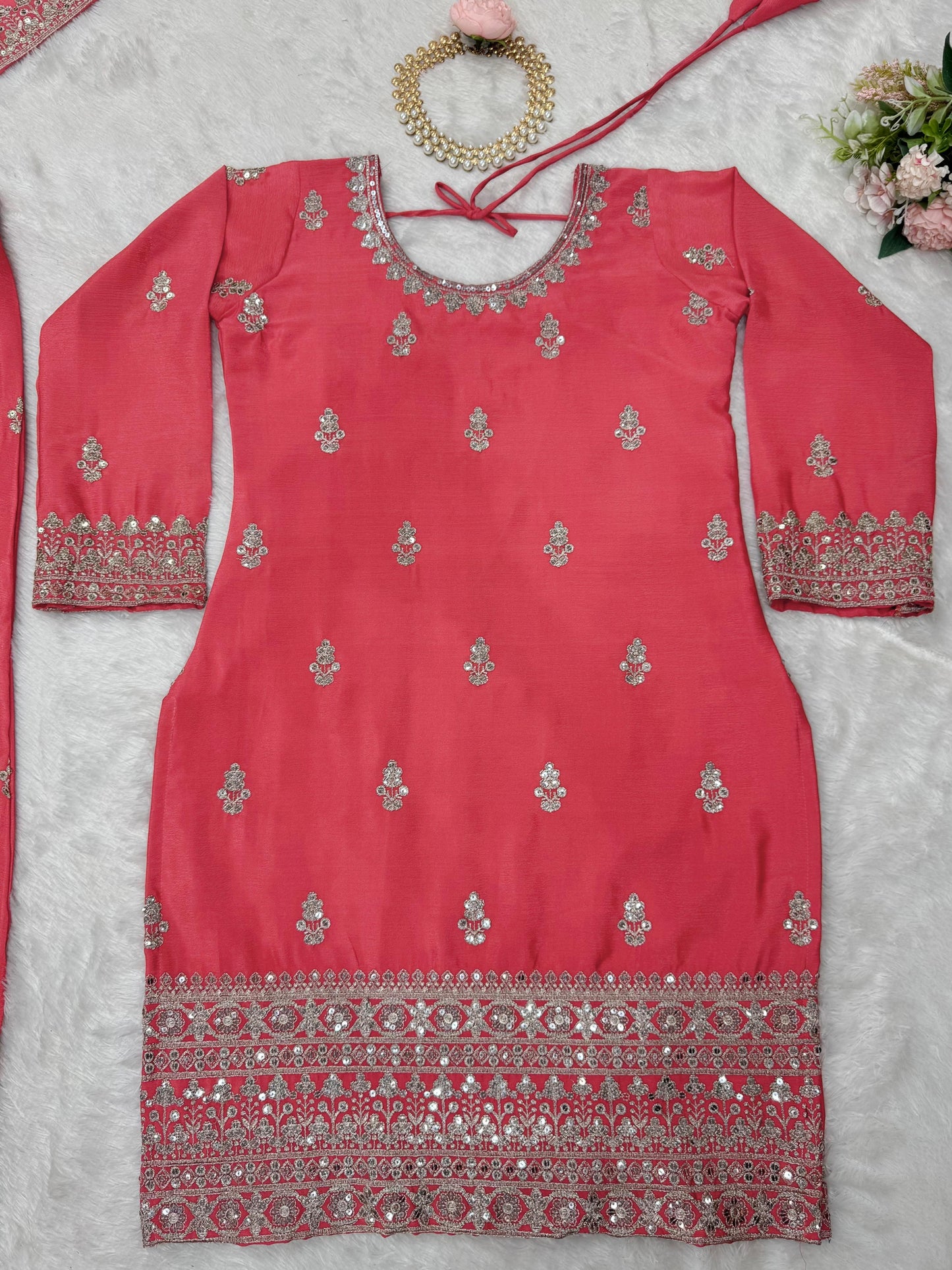 Embroidered Chinon Silk Kurta Palazzo Set