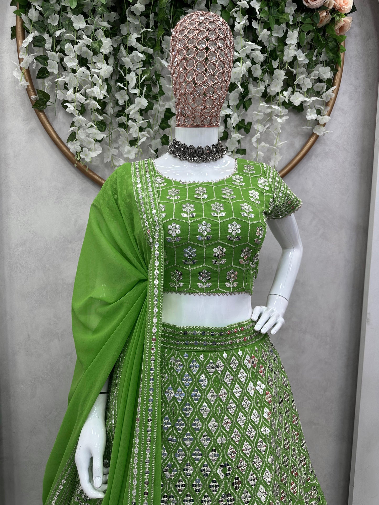 Sequins Work Lehenga Set in Green