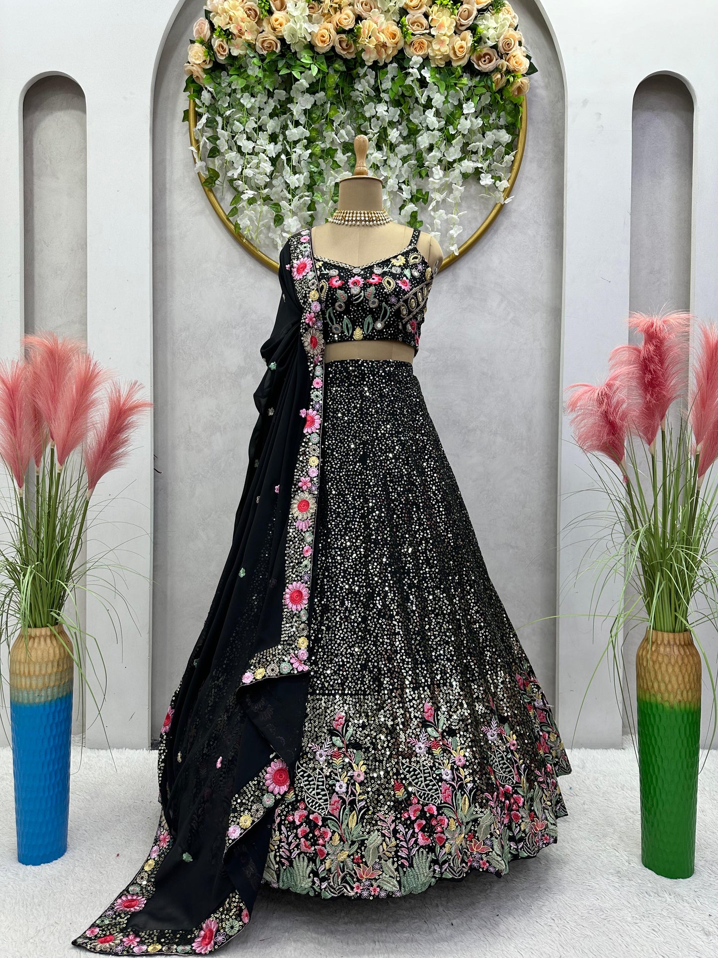 Designer Sequins Work Lehenga in Black