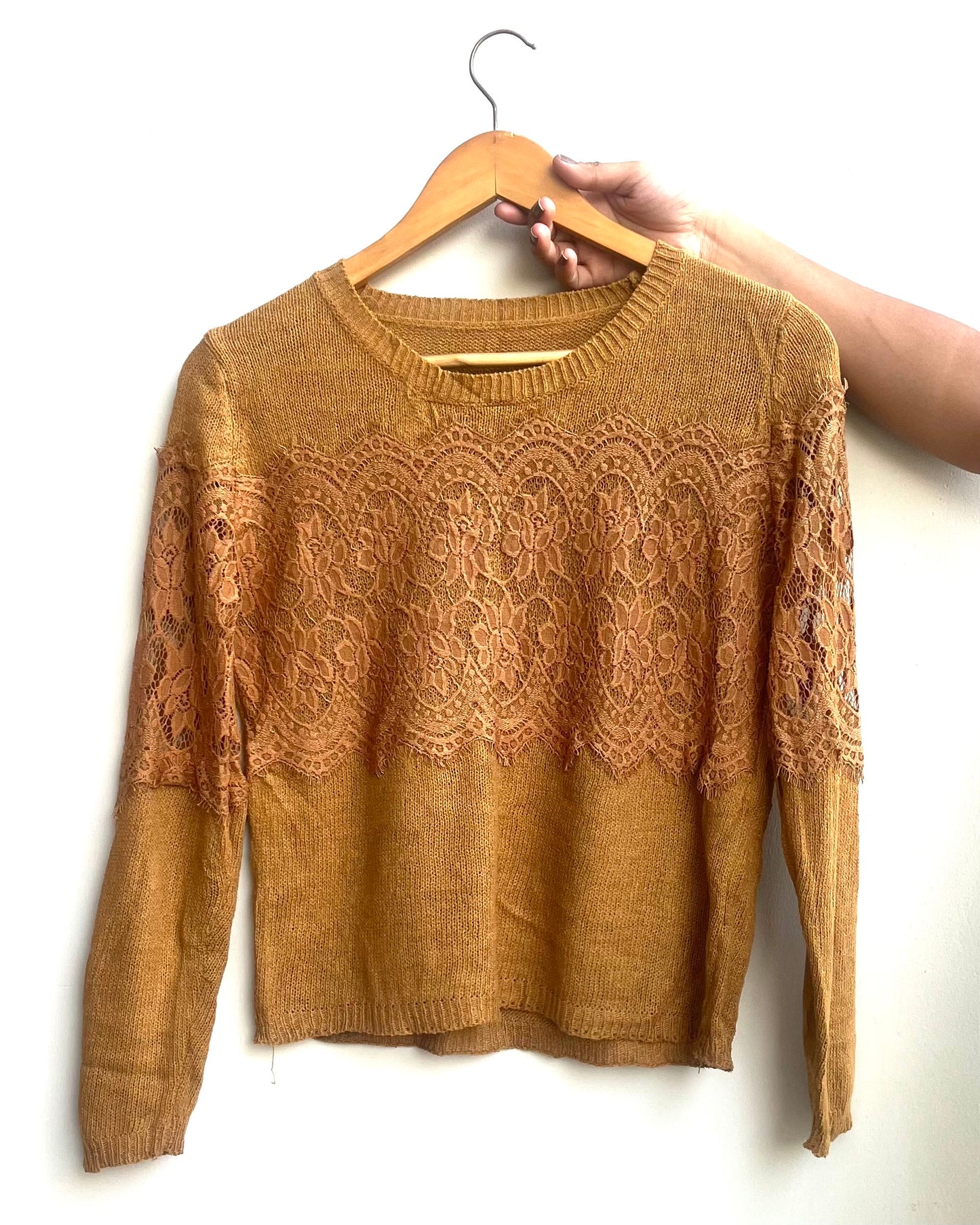 Mustard Lace Embellished Knitted Top