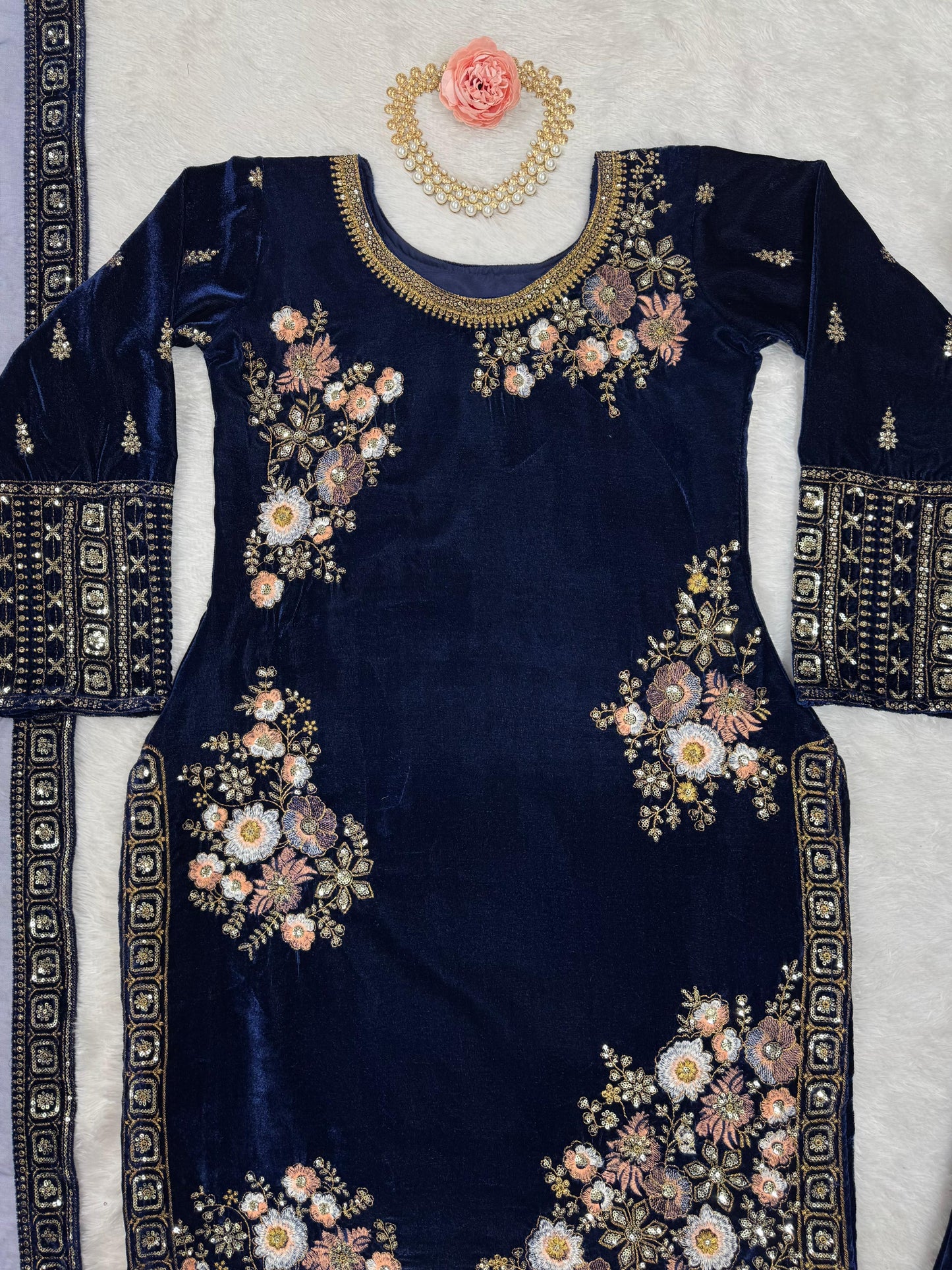 Embroidered Velvet Kurta Set