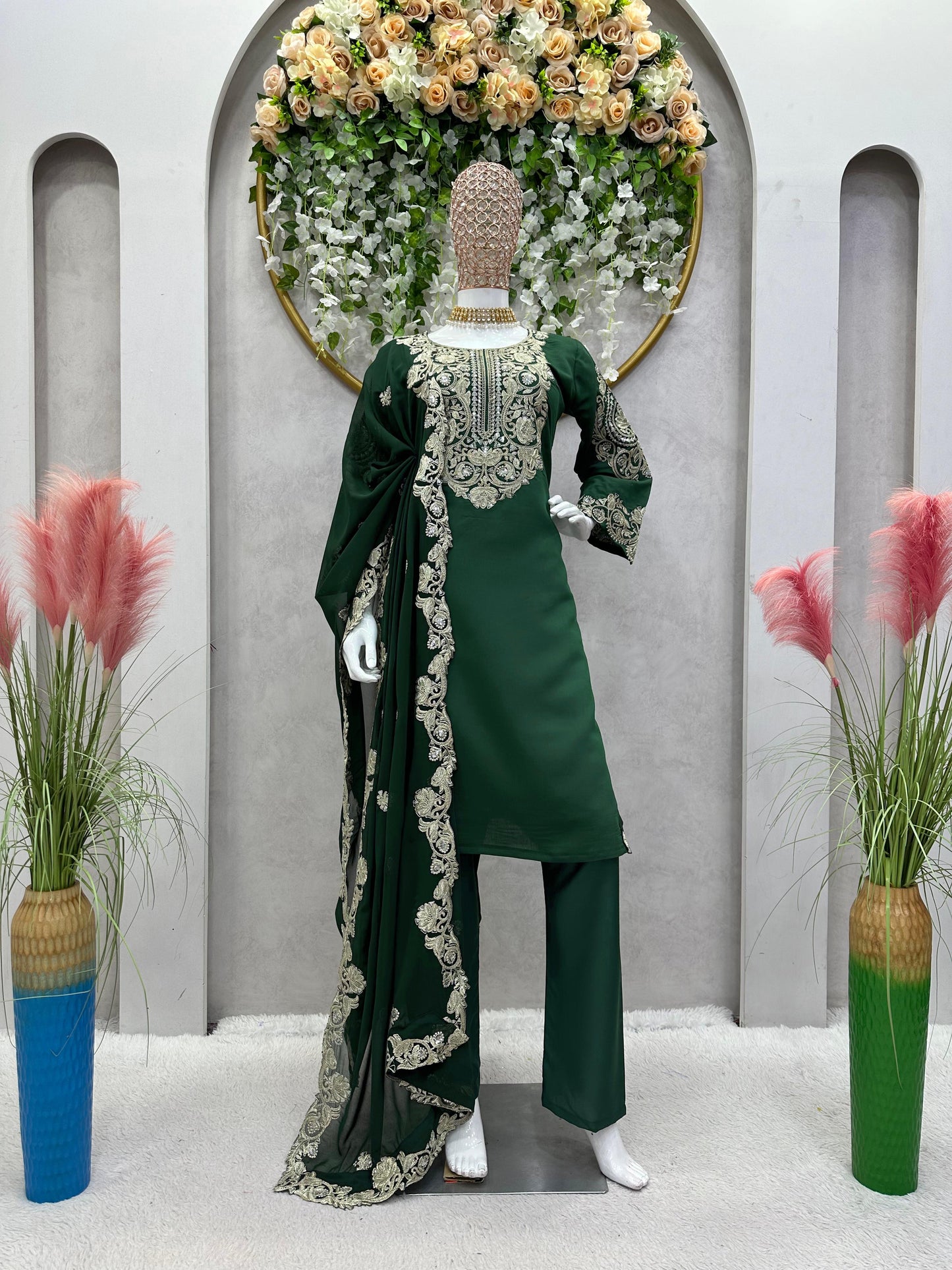 Embroidered Kurta Set in Green