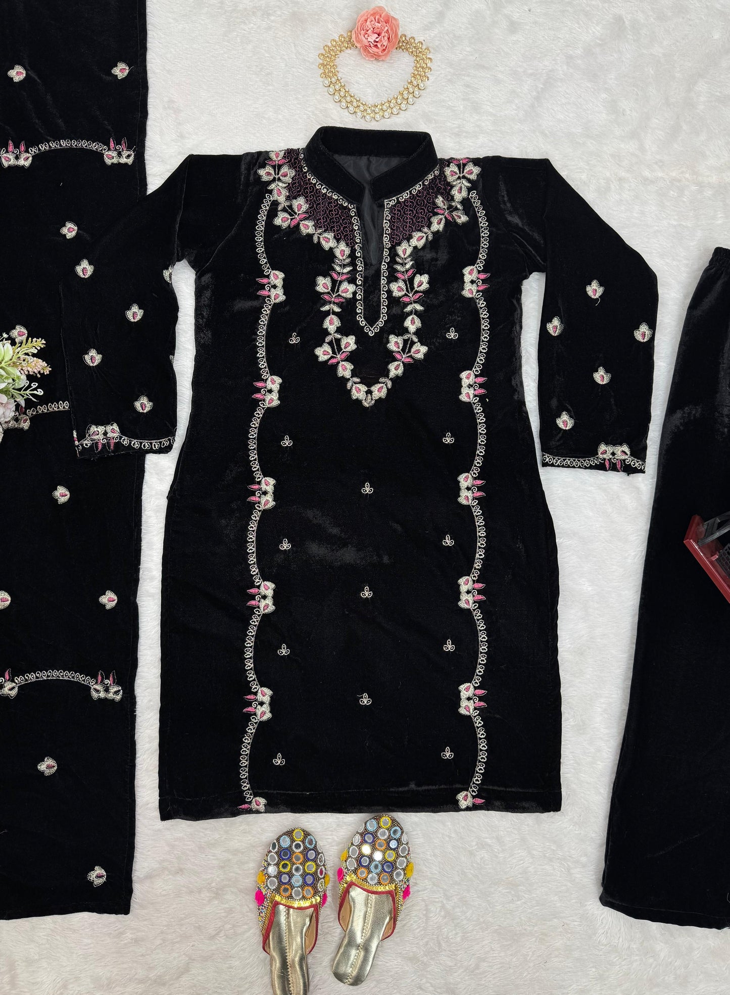 Embroidered Velvet Kurta Set