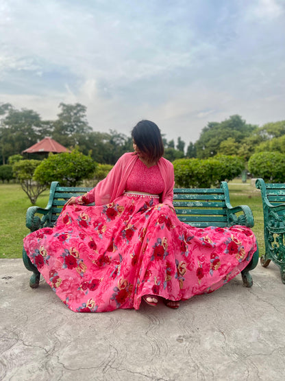 Floral Print Anarkali Dress with Dupatta