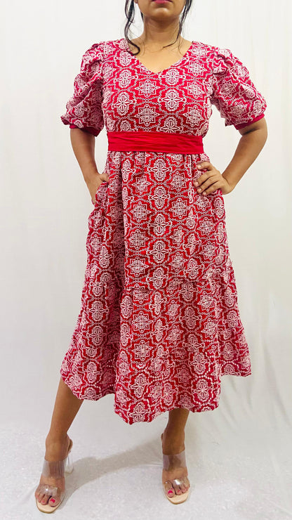 Cotton Schiffli 2 Tier Dress with Puff Sleeves