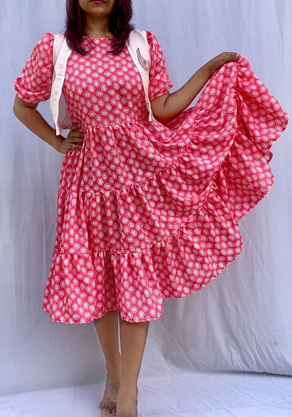 3 Tier Puff Sleeve Dress with Crop Shrug