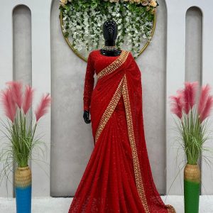 Ananya Pandey Inspired Sequins Saree in Red - Image 3