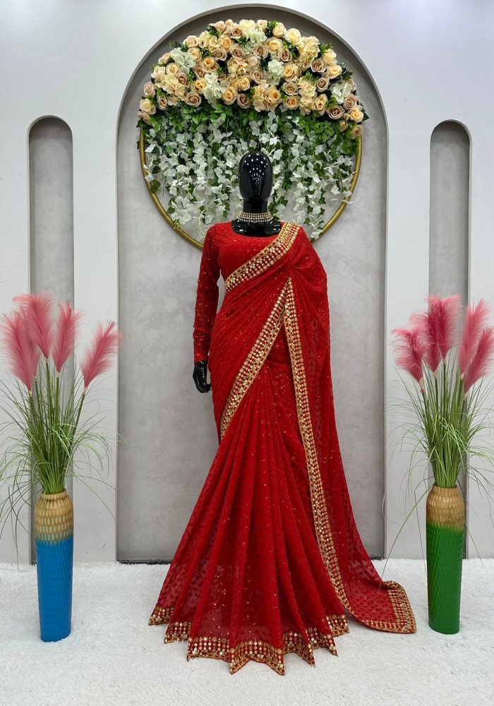 Ananya Pandey Inspired Sequins Saree in Red - Image 3