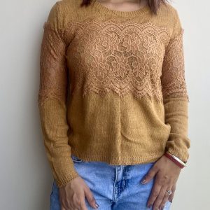 Mustard Lace Embellished Knitted Top