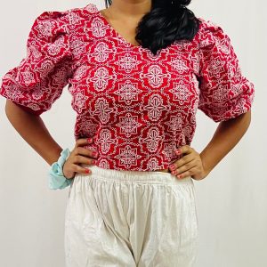 Cotton Schiffli V-Neck Top with Puff Sleeves - Image 5