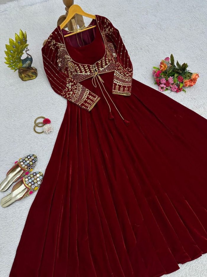 Velvet Anarkali Gown with Embroidered Koti - Image 4