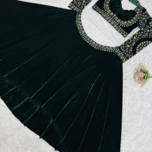 Designer Velvet Lehenga Set in Green - Image 8