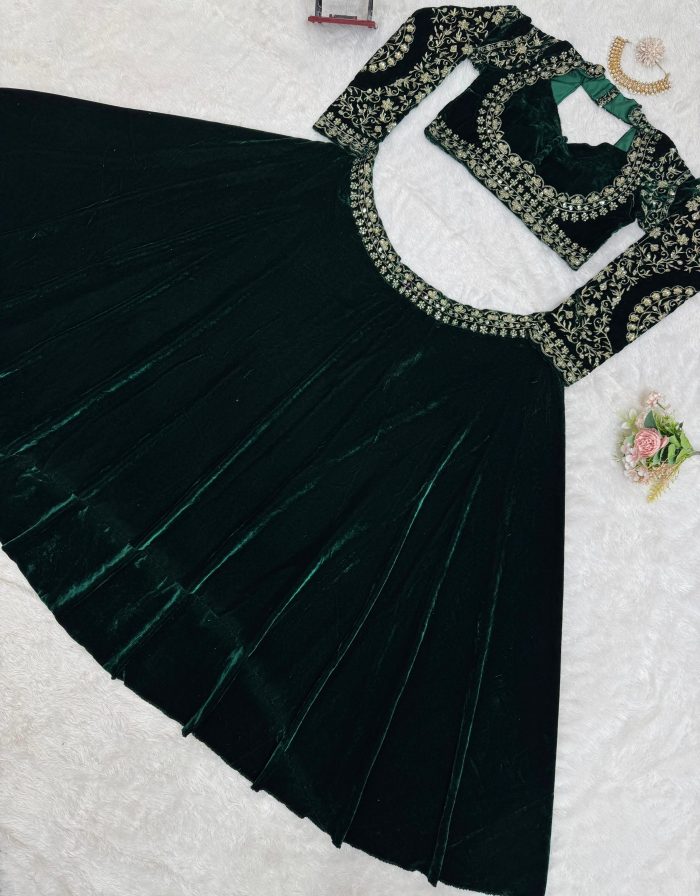 Designer Velvet Lehenga Set in Green - Image 8