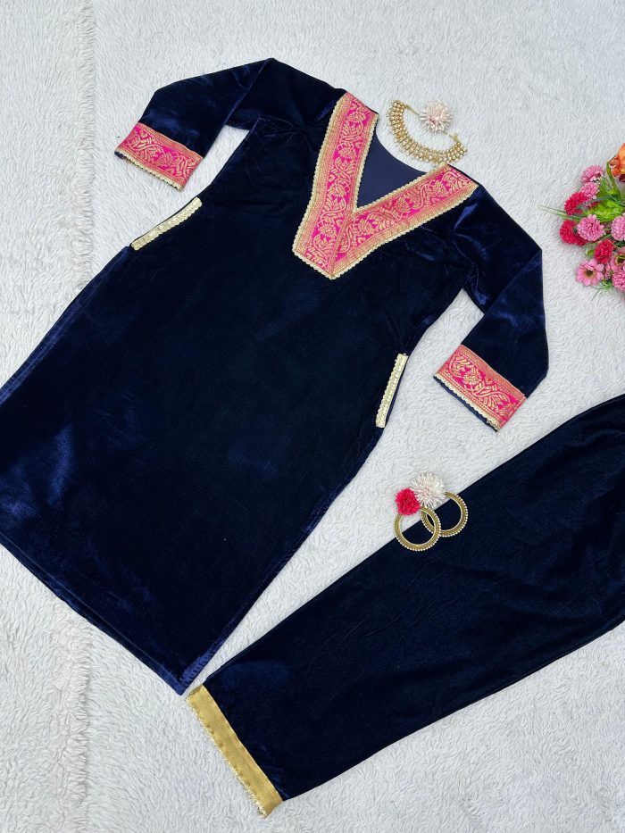 Velvet Kurta Set with Pockets - Image 6