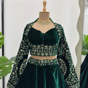 Designer Velvet Lehenga Set in Green - Image 2
