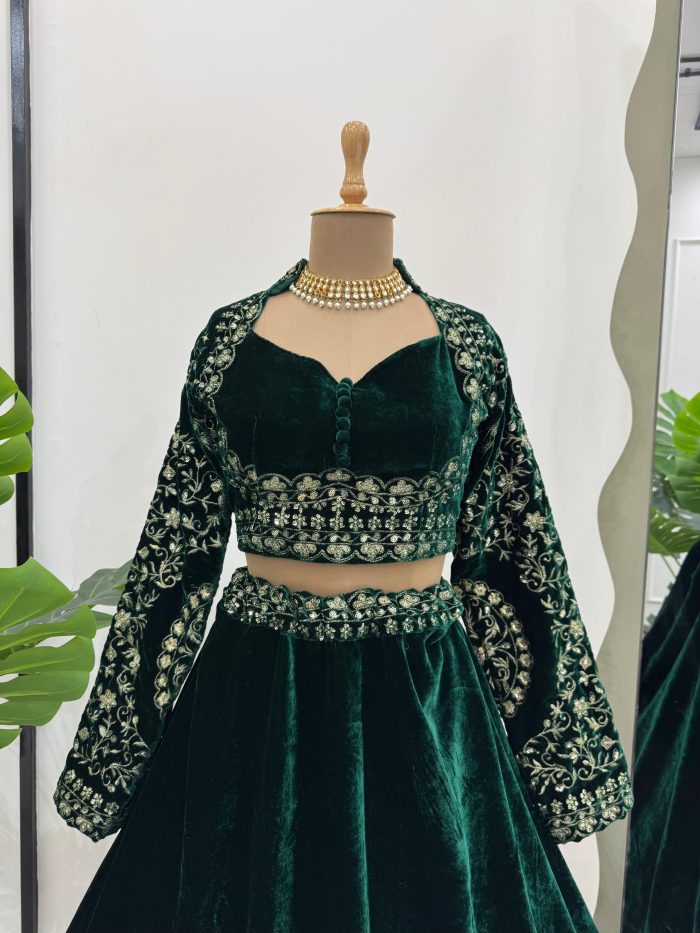 Designer Velvet Lehenga Set in Green - Image 2