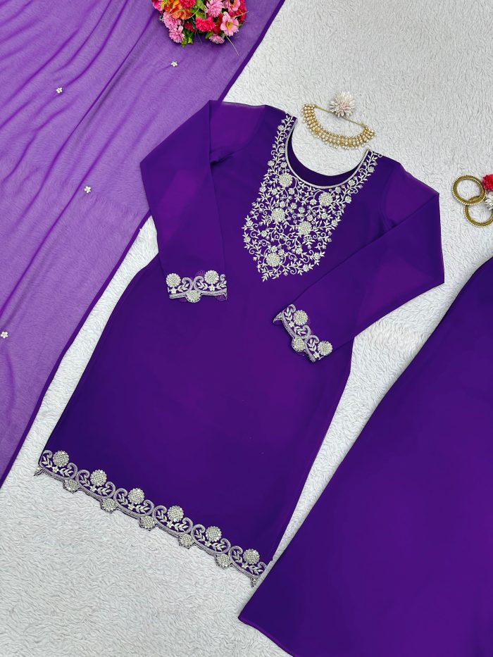 Cutwork Kurta Set with Palazzo and Dupatta - Image 3