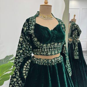 Designer Velvet Lehenga Set in Green - Image 4
