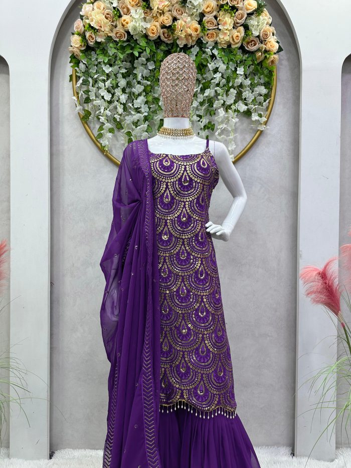 Thread and Sequins Work Kurta Sharara Set - Image 9