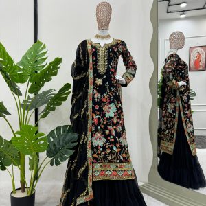 Multi Embroidered Sharara Set in Black - Image 3