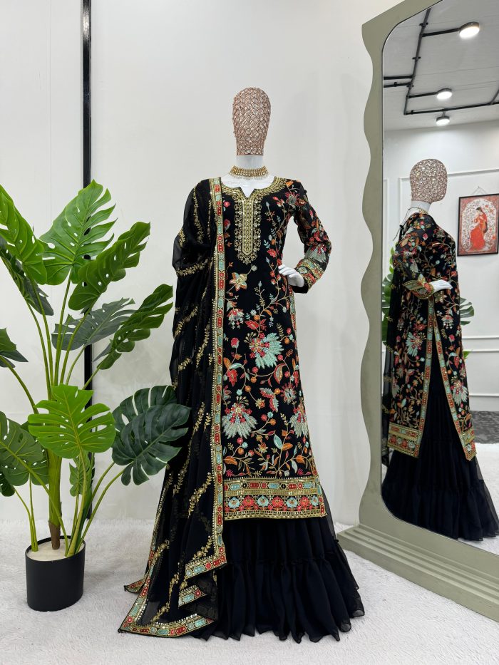 Multi Embroidered Sharara Set in Black - Image 3