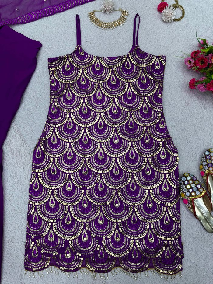 Thread and Sequins Work Kurta Sharara Set - Image 6