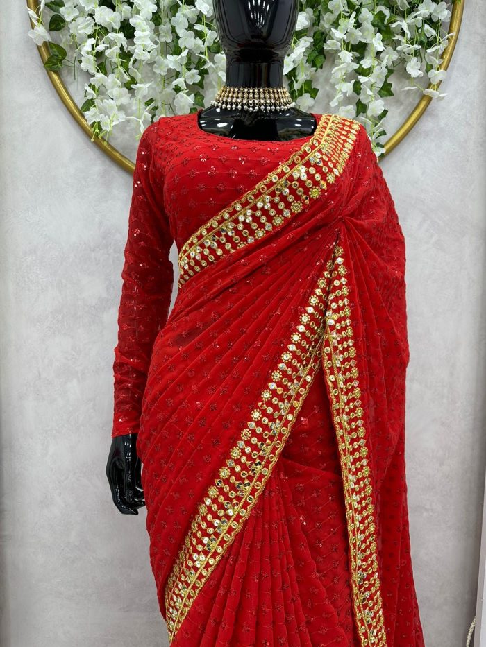 Ananya Pandey Inspired Sequins Saree in Red - Image 5