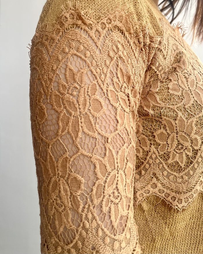 Mustard Lace Embellished Knitted Top - Image 3