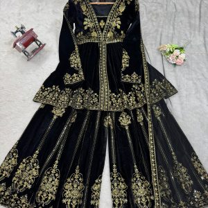 Velvet Slit Peplum Kurta Palazzo Set - Image 5