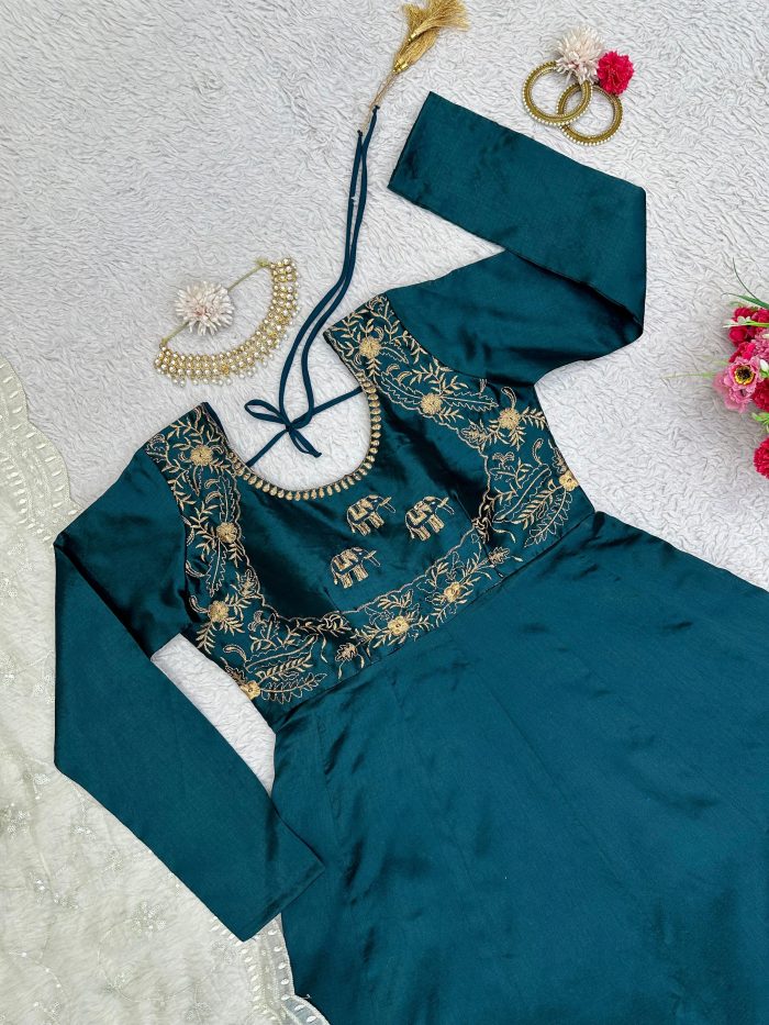 Anarkali Dress in Teal with Thread Work Dupatta - Image 6