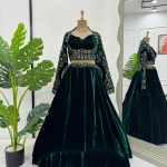 Designer Velvet Lehenga Set in Green