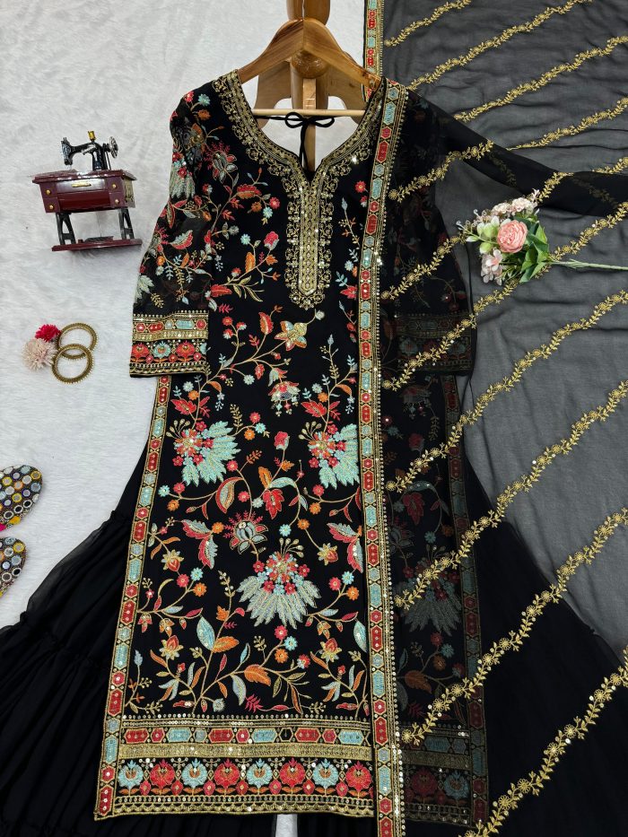 Multi Embroidered Sharara Set in Black - Image 12