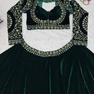 Designer Velvet Lehenga Set in Green - Image 9