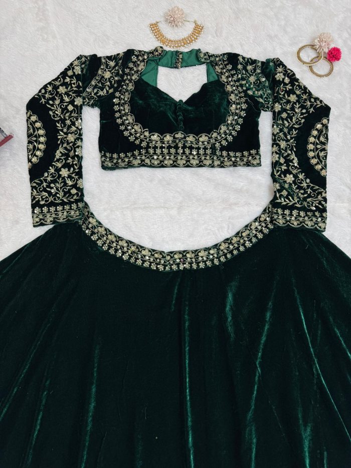 Designer Velvet Lehenga Set in Green - Image 9