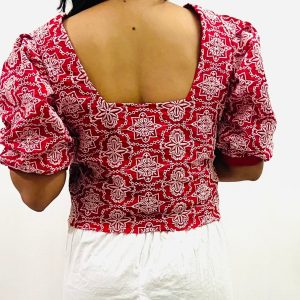 Cotton Schiffli V-Neck Top with Puff Sleeves - Image 4