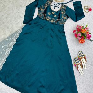 Anarkali Dress in Teal with Thread Work Dupatta - Image 3