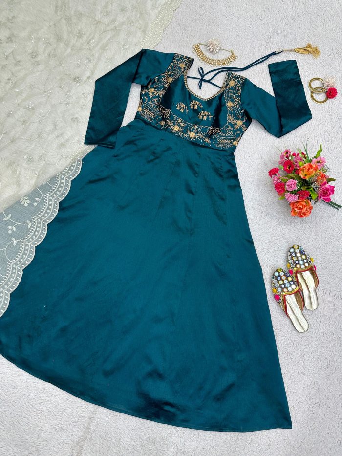 Anarkali Dress in Teal with Thread Work Dupatta - Image 3