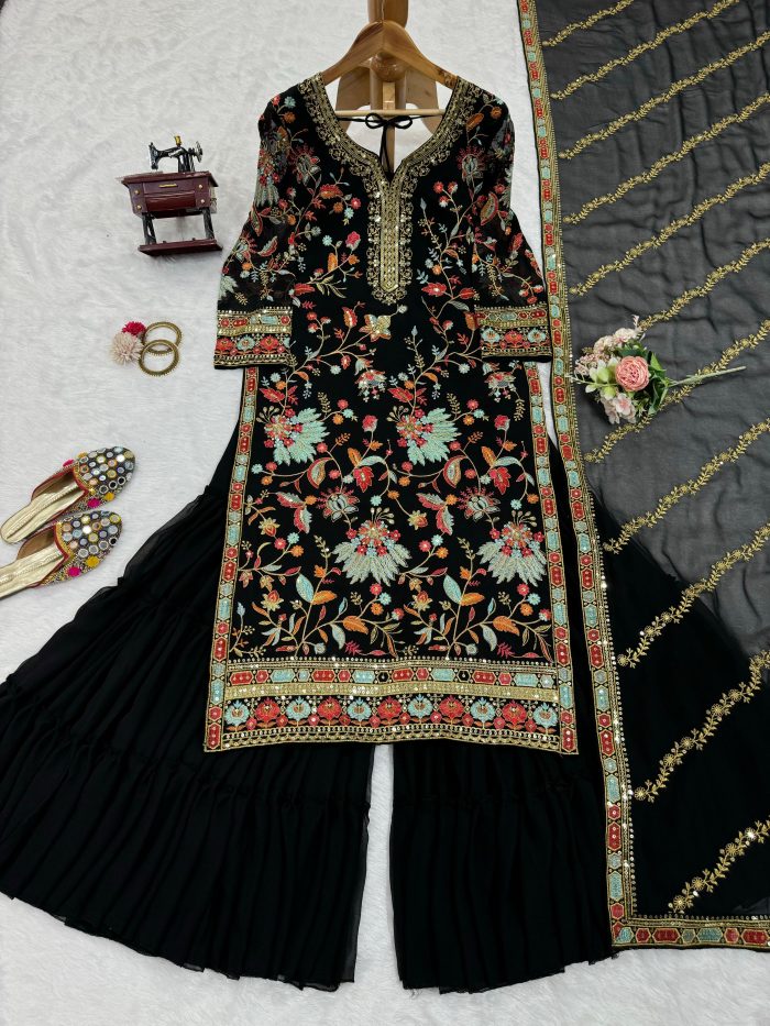 Multi Embroidered Sharara Set in Black - Image 6