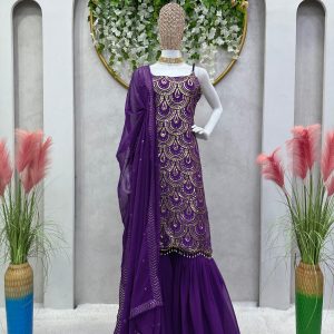 Thread and Sequins Work Kurta Sharara Set - Image 10