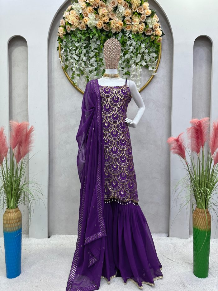 Thread and Sequins Work Kurta Sharara Set - Image 10