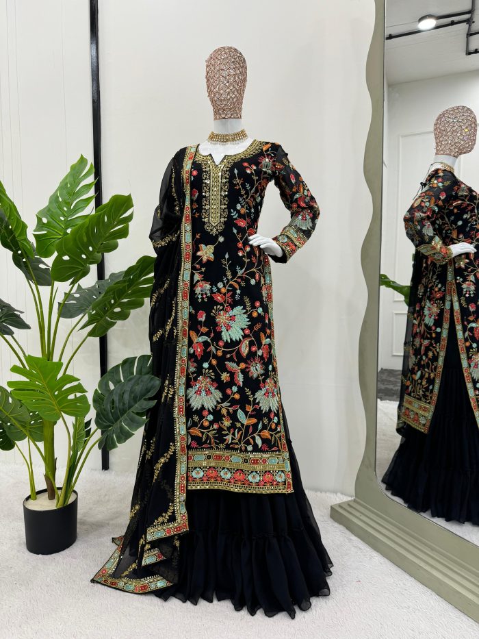 Multi Embroidered Sharara Set in Black