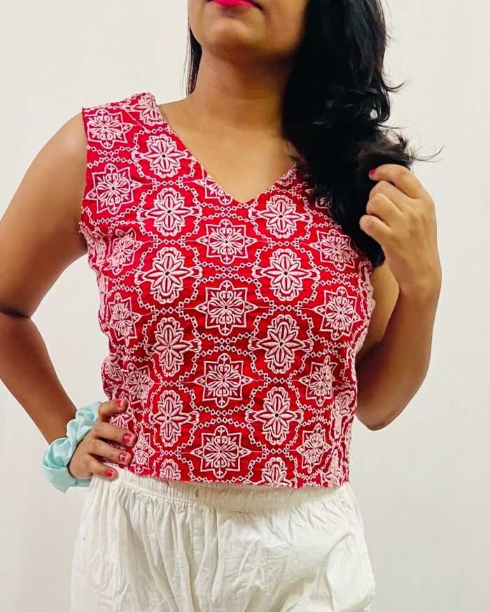 Cotton Schiffli V-Neck Top