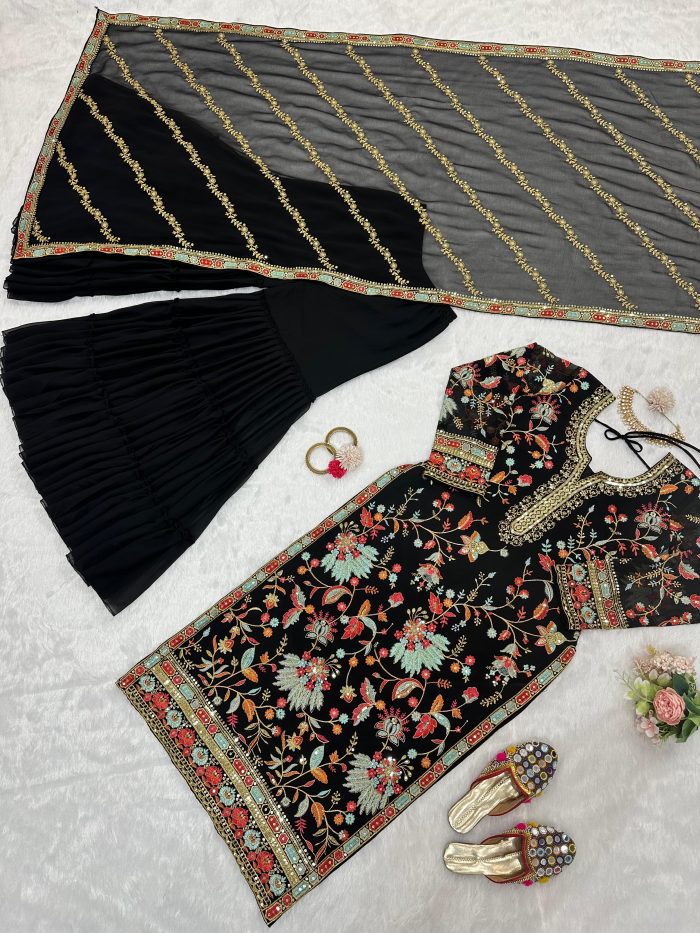 Multi Embroidered Sharara Set in Black - Image 8