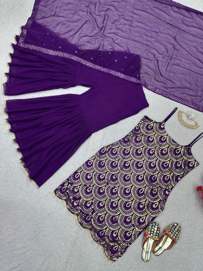 Thread and Sequins Work Kurta Sharara Set - Image 8